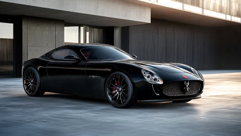Black luxury sports coupe outside modern concrete villa.
