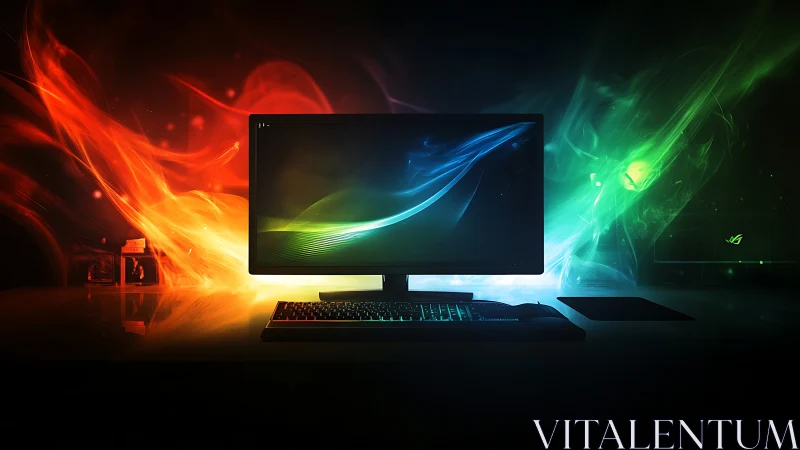 Desktop computer on dark desk with red and green light effects.