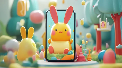 Mobile screen with stylized rabbit in pastel toy landscape.