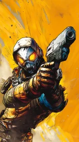 Armored sci‑fi gunner lunges forward against blazing orange.