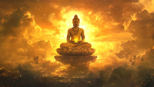 Digital painting of radiant Buddha on lotus amid golden clouds.