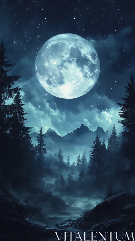 Moonlit forest path under a dreamy midnight sky.