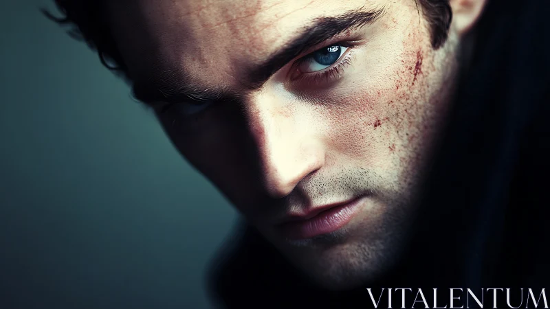 Photorealistic intense male portrait with dramatic chiaroscuro lighting.