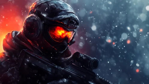 Ember-eyed winter soldier stalking through neon snowstorm.