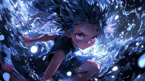 Dynamic anime child submerged in high-contrast luminous splash field