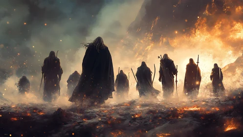 Cloaked figures with swords crossing volcanic ash field.