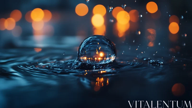 Midnight droplet crowned by ember-bright city lights.