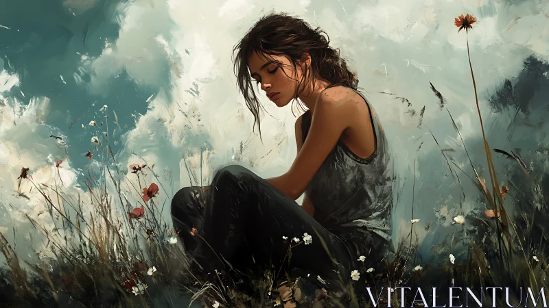 Solitary young woman in wildflower field under painterly sky.