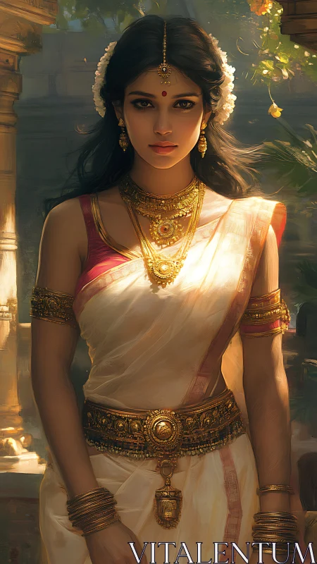 Regal woman in traditional South Indian attire bathed in light.