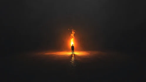 Solitary ember soul standing before an endless midnight blaze.