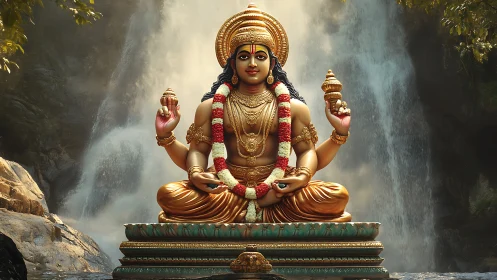 Golden multi-armed deity statue before cascading waterfall.
