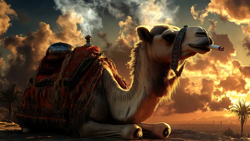 Sunset desert camel lounges calmly under glowing clouds