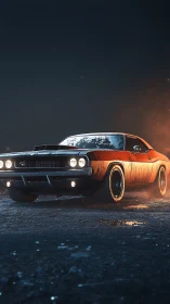 Rendered classic muscle car is parked on a wet roadway