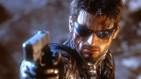 Gritty cyber hero stares down danger with steady resolve.