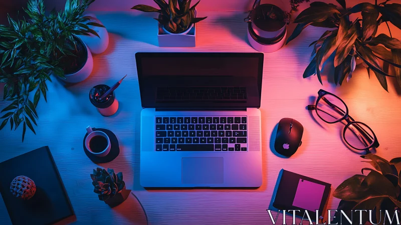 Creative laptop workspace under neon blue and magenta glow.