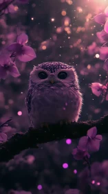 Enchanted owl rests amid glowing violet blossoms at dusk.