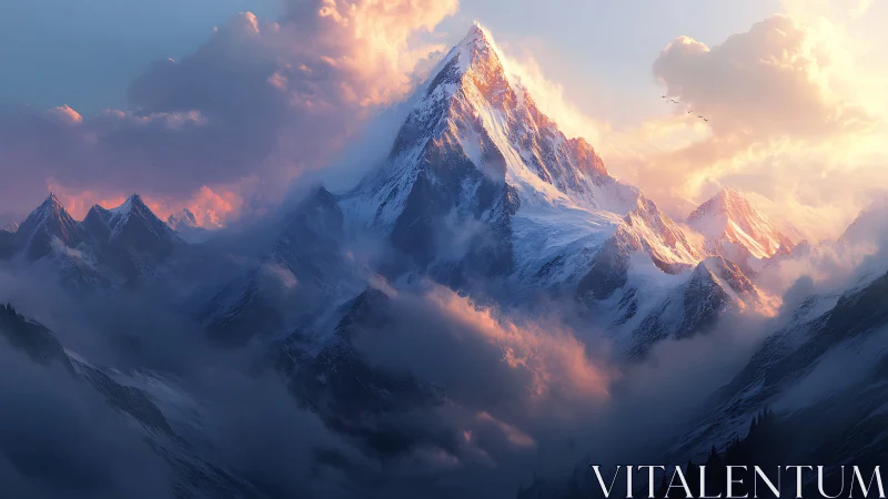 Glaciated alpine peak in golden hour volumetric cloudscape