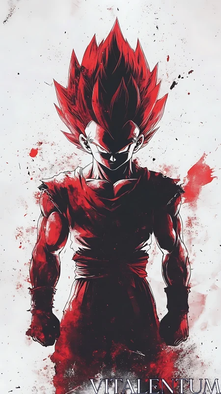 Red monochrome anime warrior rendered in splatter-ink silhouette