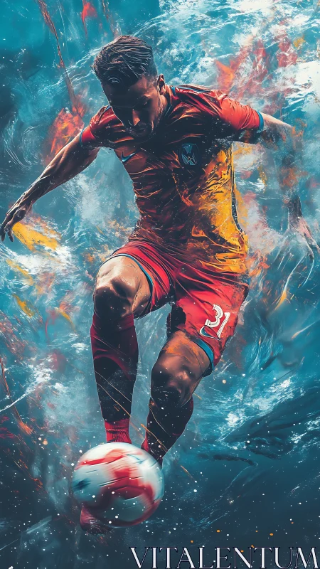 Storm-forged striker leaps through swirling cosmic pitch.