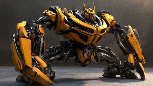 Battle-ready yellow mech crouched in industrial light.