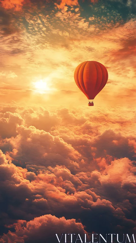 Orange hot air balloon drifts above glowing sunset clouds