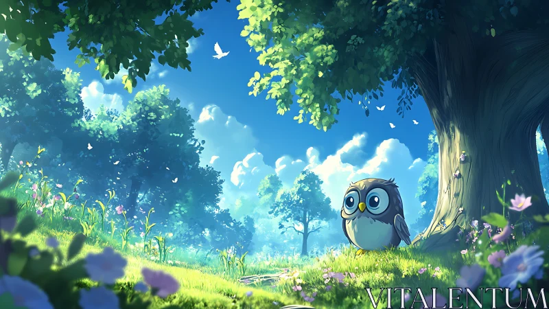 Wide eyed owl in bright meadow under large summer tree.