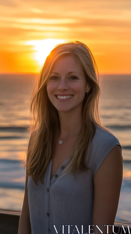 Smiling woman stands before vivid orange ocean sunset.
