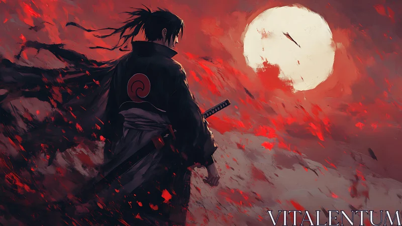 Lone anime swordsman walks beneath a vast blood-red moon.