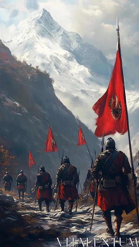Red-clad soldiers march through icy mountain pass at dawn