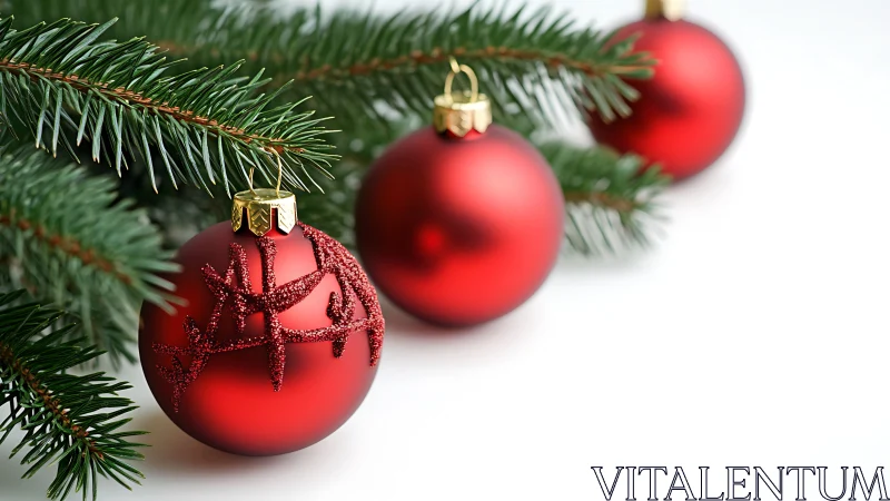 Red matte baubles on evergreen branch with soft bokeh focus.