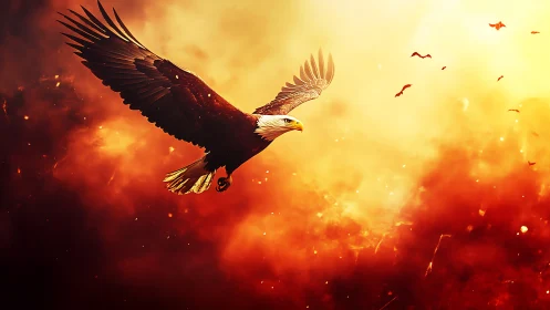 Aerial raptor in high-contrast incendiary atmospheric field.