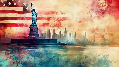 Liberty Rising in Watercolor Skies and Ghosted Skyline Glory.