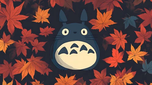 Cartoon forest spirit framed by bold autumn maple leaves.