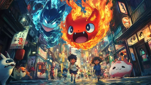 Children run under fiery and icy spirits in neon city street