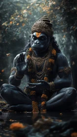 Simian deity figure sits cross-legged in reflective water