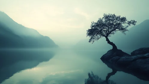 Minimalist lakeside tree in misty tonal perspective study.