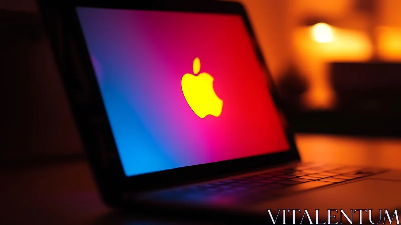 Neon fruit logo glows like digital sunset on sleek laptop