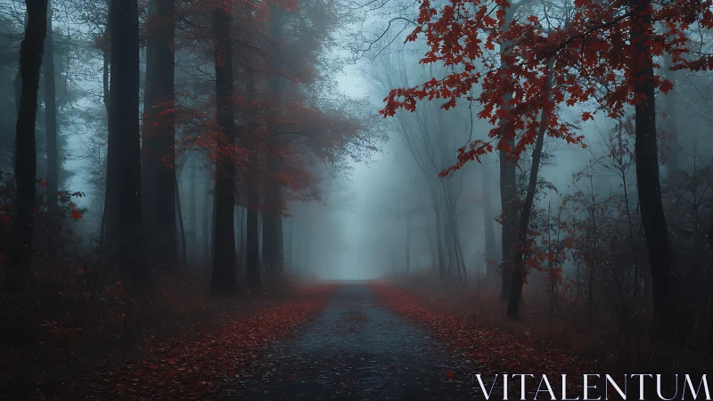 Atmospheric Pathway Through Misty Deciduous Forest with Crimson Autumn Foliage.