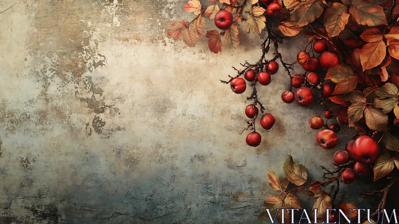 Red fruit branches extend across a textured weathered wall