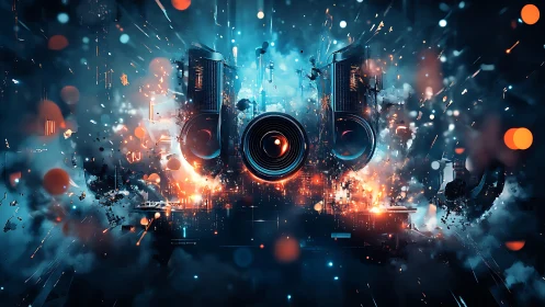 Central camera lens bursts through abstract digital explosion