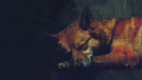 Digital painting of sleeping fox in chiaroscuro composition.
