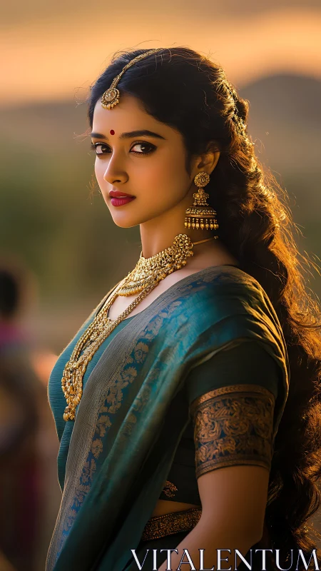 Sunlit saree muse glows in teal silk and temple gold.