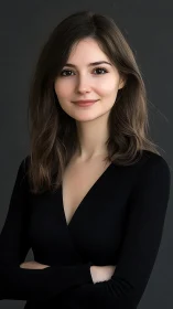 Softly confident woman in black against quiet charcoal hush.