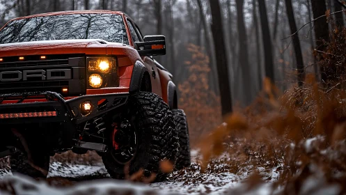 Orange off-road truck with lights in snowy forest trail.