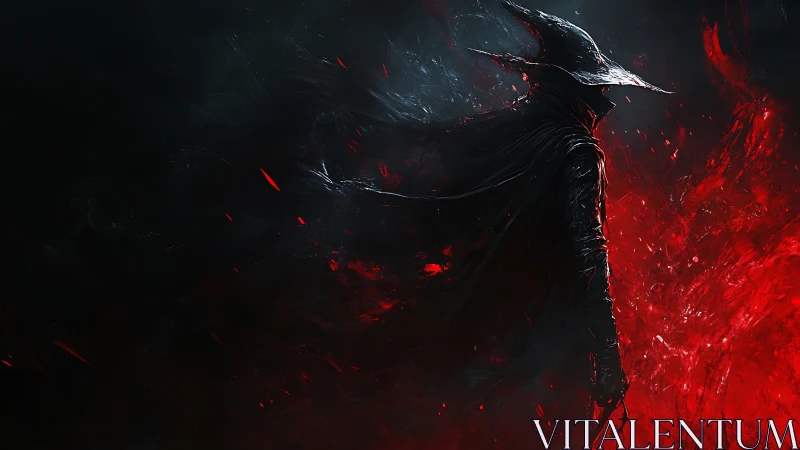 Silhouetted dark mage dissolves into red particulate energy field