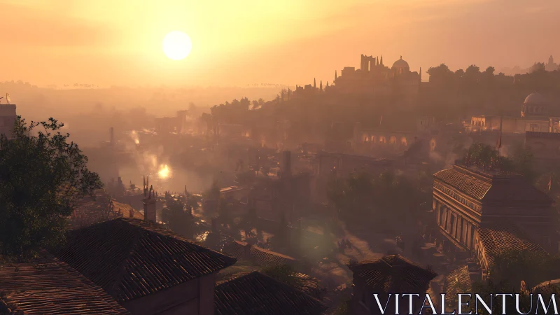 Ancient riverside city glows under hazy orange sunset sky