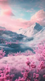 Pink-toned alpine valley with lake, trees, and distant peaks.