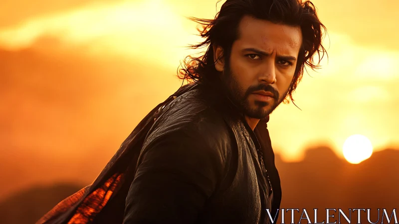 Cinematic portrait of intense man against blazing sunset sky