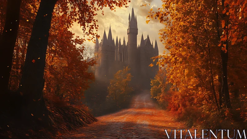Autumn forest path leading toward misty gothic castle.