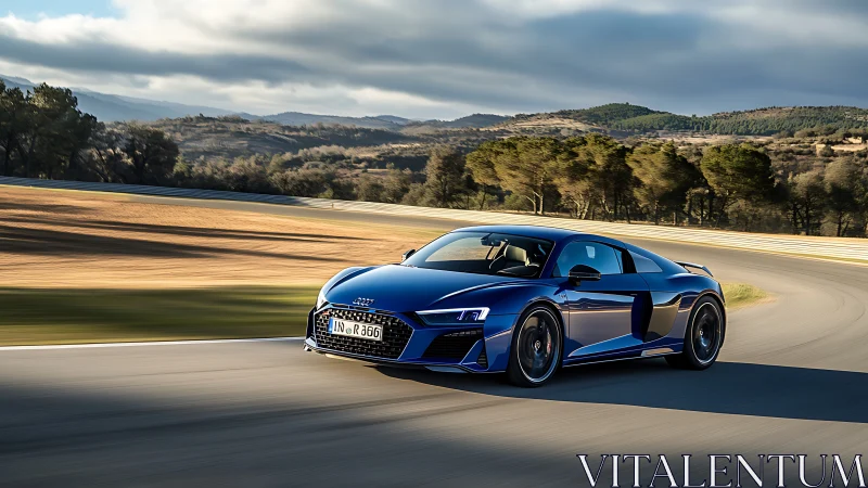Blue sports coupe moves along dry racing circuit under clouds